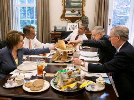 Photo of a lunch in an anteroom of the President’s office, with President Obama, House Speaker John Boehner, House Minority Leader Nancy Pelosi, Senate Majority Leader Harry Reid, and Senate Minority Leader Mitch McConnell. Photo by White House chief photographer Pete Souza.